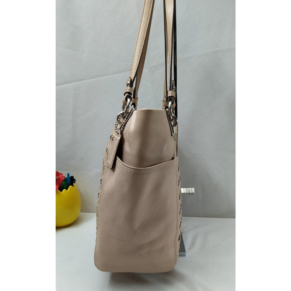 Coach North South Taupe Woven Leather Outside Pockets Shoulder Bag - Picture 3 of 16